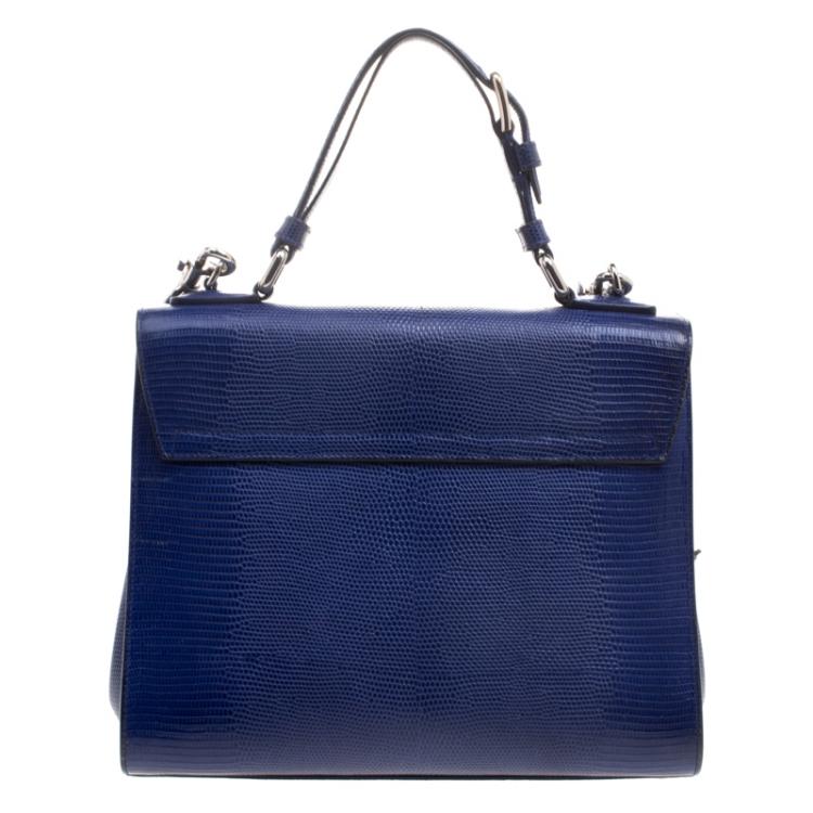 Pre Owned Dolce and Gabbana Blue Lizard Embossed Leather Medium Miss Monica Top Handle Bag