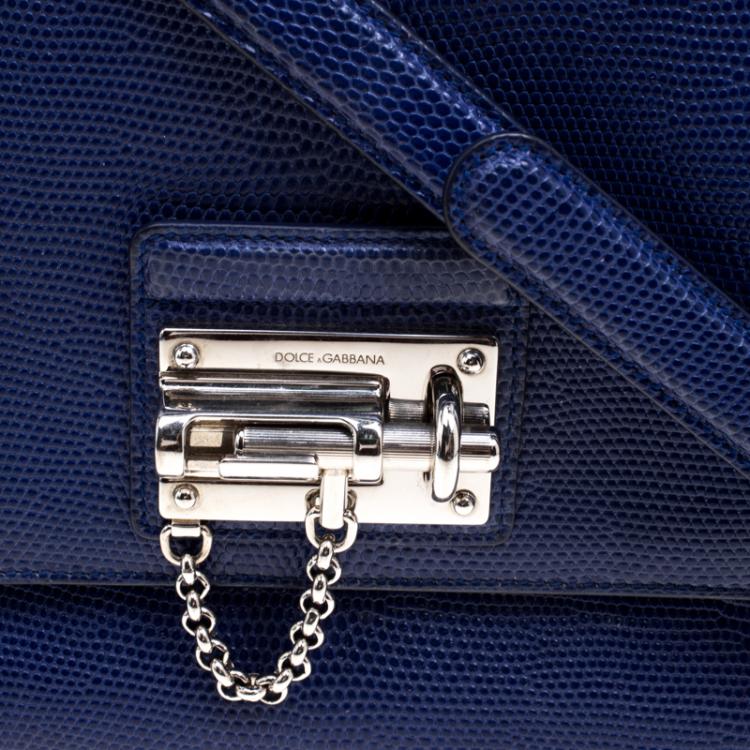 Pre Owned Dolce and Gabbana Blue Lizard Embossed Leather Medium Miss Monica Top Handle Bag