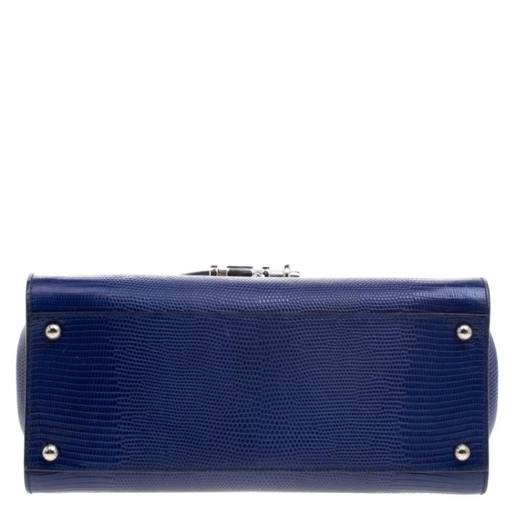 Pre Owned Dolce and Gabbana Blue Lizard Embossed Leather Medium Miss Monica Top Handle Bag