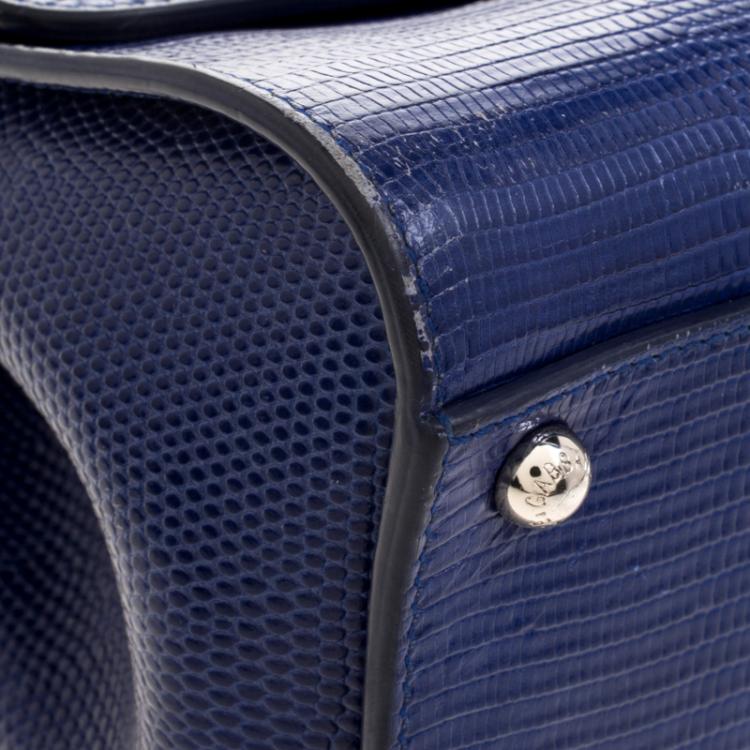 Pre Owned Dolce and Gabbana Blue Lizard Embossed Leather Medium Miss Monica Top Handle Bag