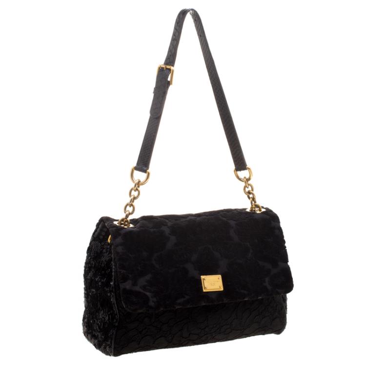 Pre Owned Dolce and Gabbana Black Fabric/Sequin and Python Trim Miss Kate Shoulder Bag