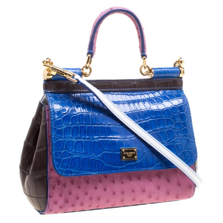 Pre Owned Dolce and Gabbana Multicolor Croc and Ostrich Leather Small Miss Sicily Top Handle Bag