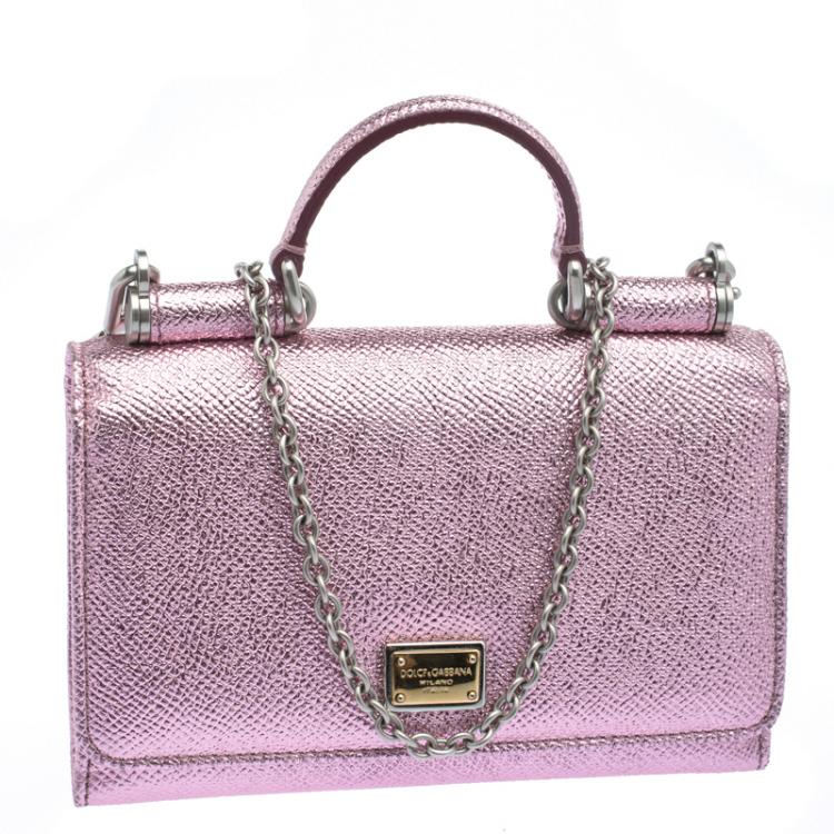 Pre Owned Dolce and Gabbana Metallic Pink Leather Wallet on Chain