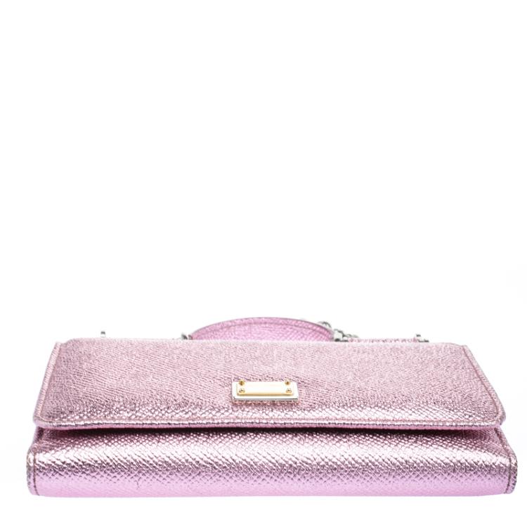Pre Owned Dolce and Gabbana Metallic Pink Leather Wallet on Chain