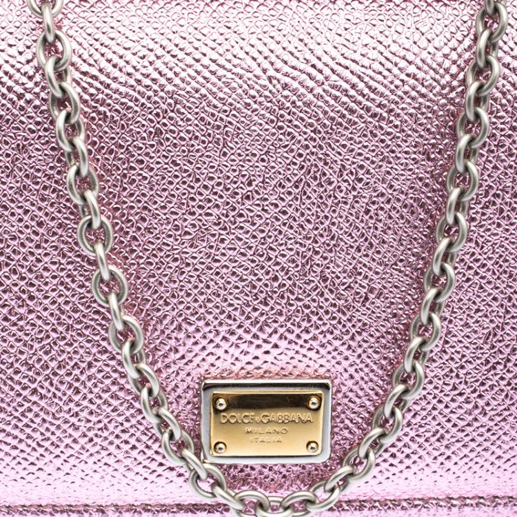Pre Owned Dolce and Gabbana Metallic Pink Leather Wallet on Chain