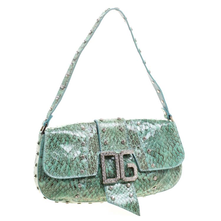 Pre Owned Dolce and Gabbana Turquoise Python Crystal Embellished Shoulder Bag
