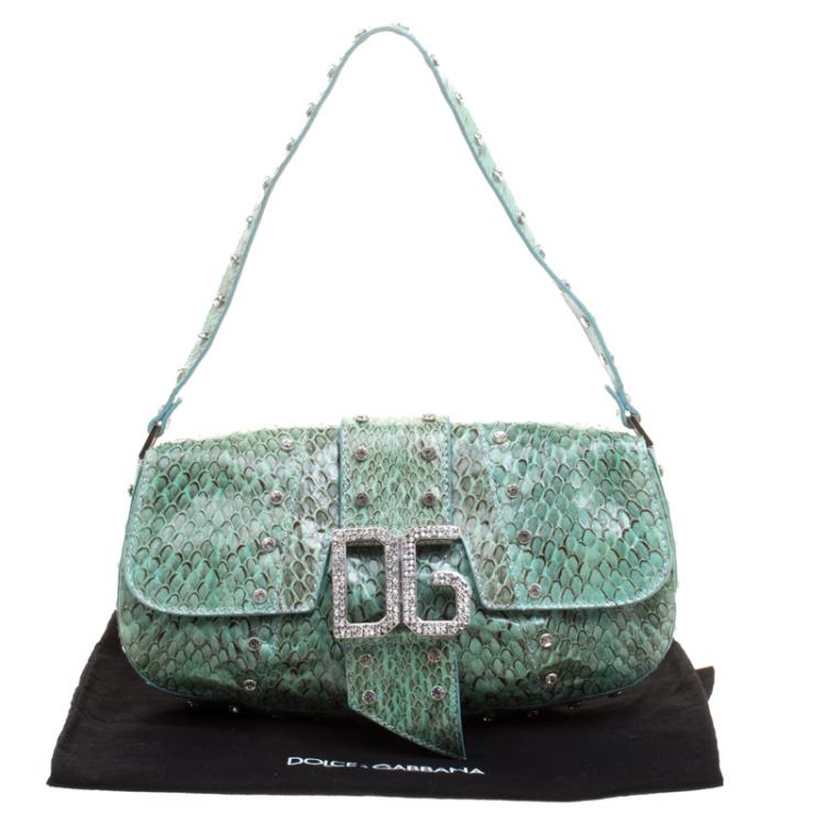 Pre Owned Dolce and Gabbana Turquoise Python Crystal Embellished Shoulder Bag