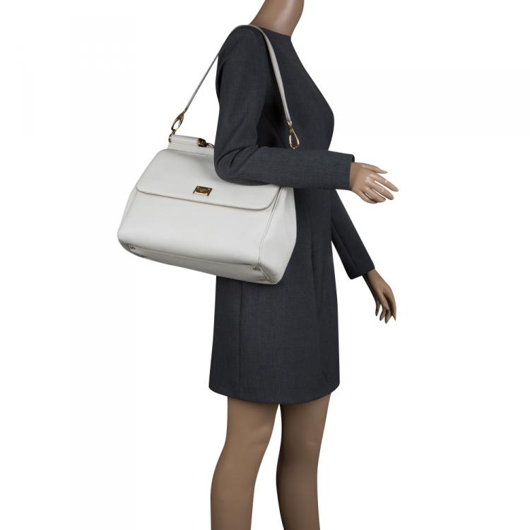 Pre Owned Dolce and Gabbana White Leather Medium Miss Sicily Top Handle Bag