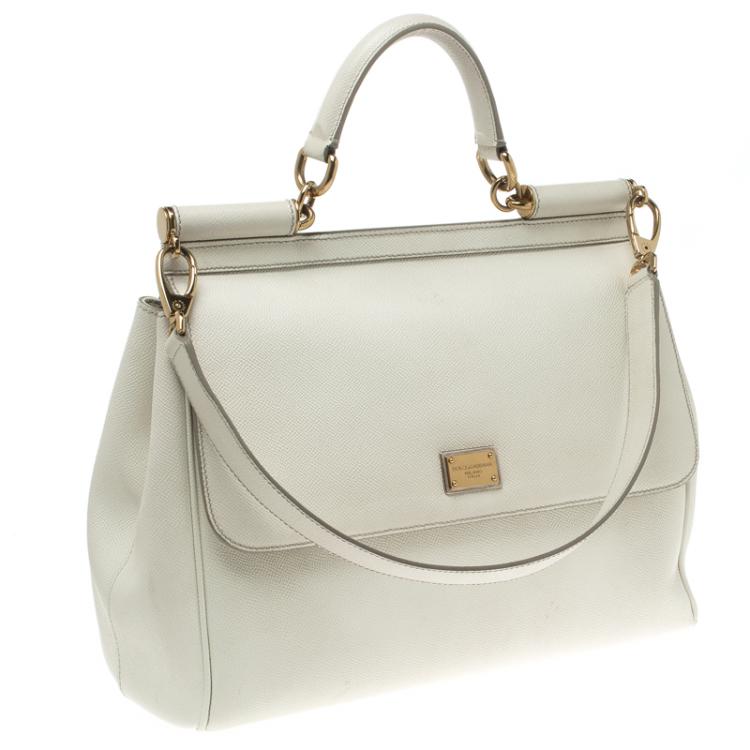 Pre Owned Dolce and Gabbana White Leather Medium Miss Sicily Top Handle Bag
