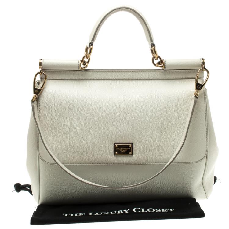 Pre Owned Dolce and Gabbana White Leather Medium Miss Sicily Top Handle Bag