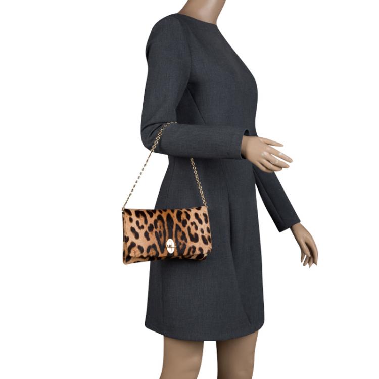 Pre Owned Dolce and Gabbana Leopard Print Calfhair Chain Clutch