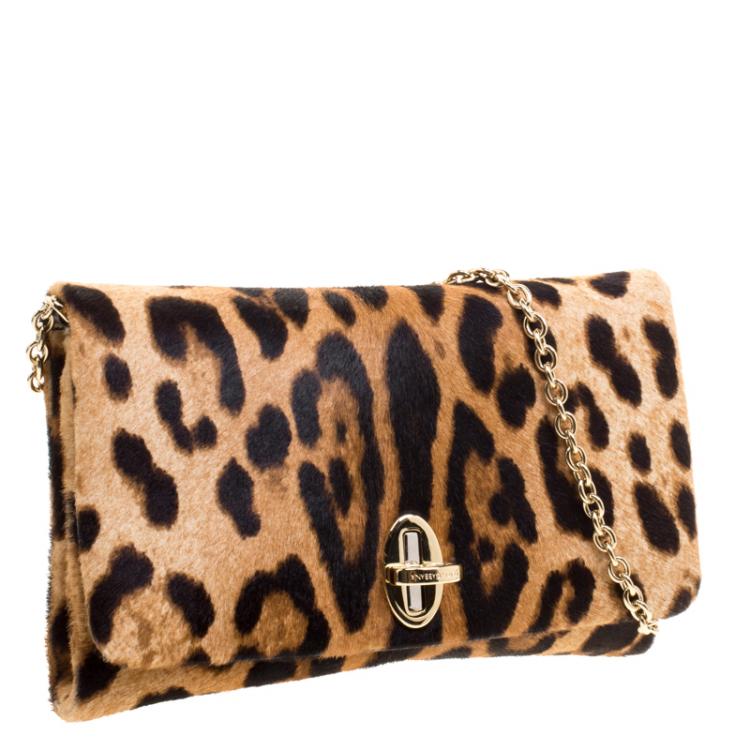 Pre Owned Dolce and Gabbana Leopard Print Calfhair Chain Clutch