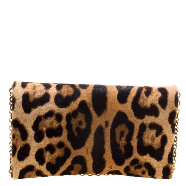Pre Owned Dolce and Gabbana Leopard Print Calfhair Chain Clutch