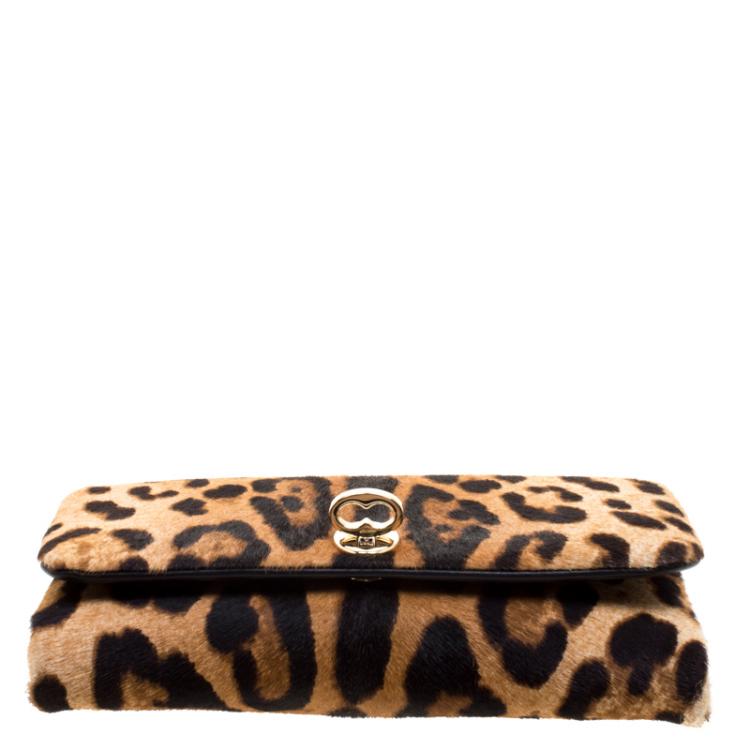 Pre Owned Dolce and Gabbana Leopard Print Calfhair Chain Clutch