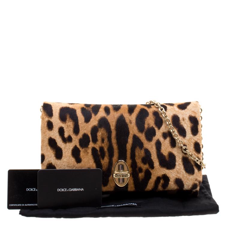 Pre Owned Dolce and Gabbana Leopard Print Calfhair Chain Clutch