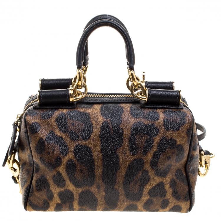 Pre Owned Dolce and Gabbana Leopard Print Coated Canvas Miss Sicily Bowling Bag