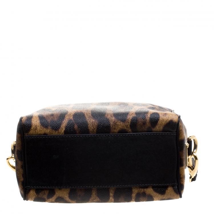 Pre Owned Dolce and Gabbana Leopard Print Coated Canvas Miss Sicily Bowling Bag