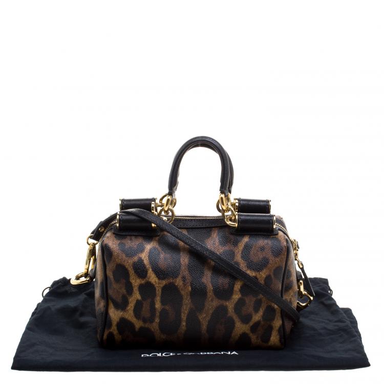 Pre Owned Dolce and Gabbana Leopard Print Coated Canvas Miss Sicily Bowling Bag