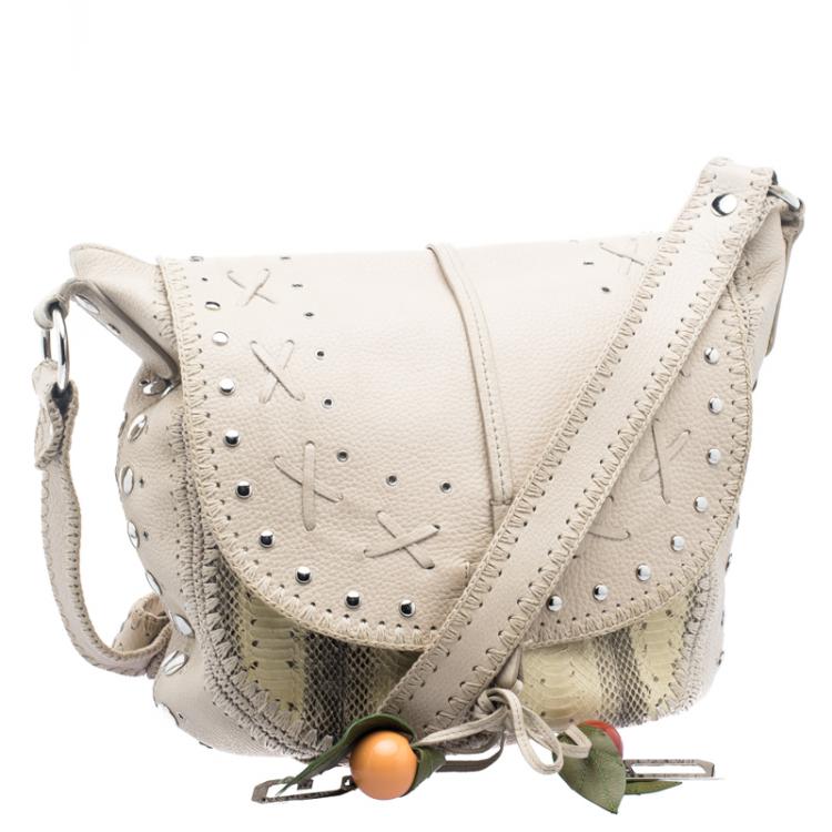 Pre Owned Dolce and Gabbana Beige/Yellow Leather and Snakeskin Coffee Fruit Charm Messenger Bag