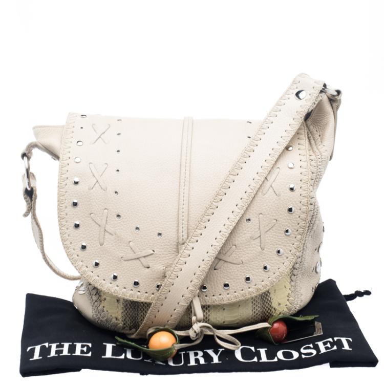 Pre Owned Dolce and Gabbana Beige/Yellow Leather and Snakeskin Coffee Fruit Charm Messenger Bag