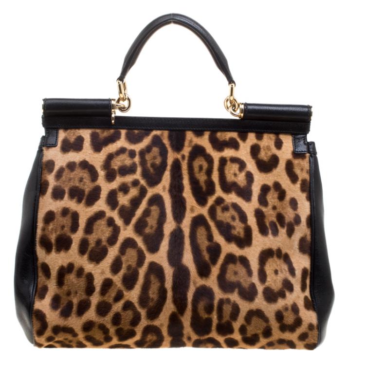 Pre Owned Dolce and Gabbana Black Leopard Print Calf Hair and Crochet Miss Sicily Tote