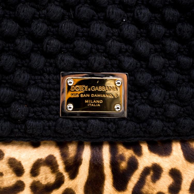 Pre Owned Dolce and Gabbana Black Leopard Print Calf Hair and Crochet Miss Sicily Tote