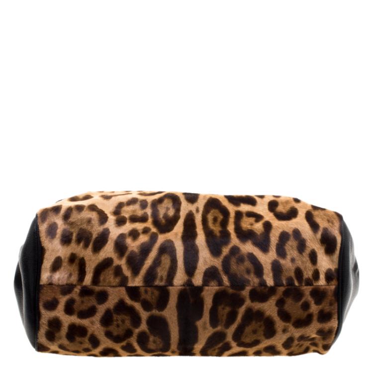 Pre Owned Dolce and Gabbana Black Leopard Print Calf Hair and Crochet Miss Sicily Tote