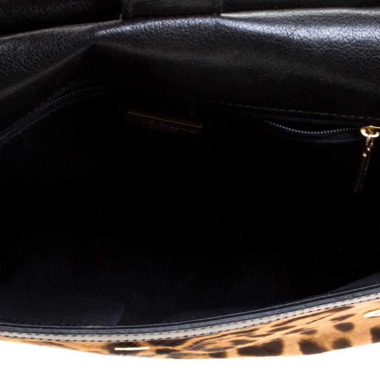 Pre Owned Dolce and Gabbana Black Leopard Print Calf Hair and Crochet Miss Sicily Tote