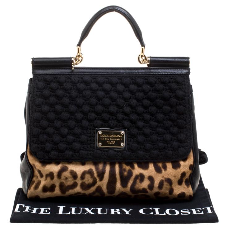 Pre Owned Dolce and Gabbana Black Leopard Print Calf Hair and Crochet Miss Sicily Tote