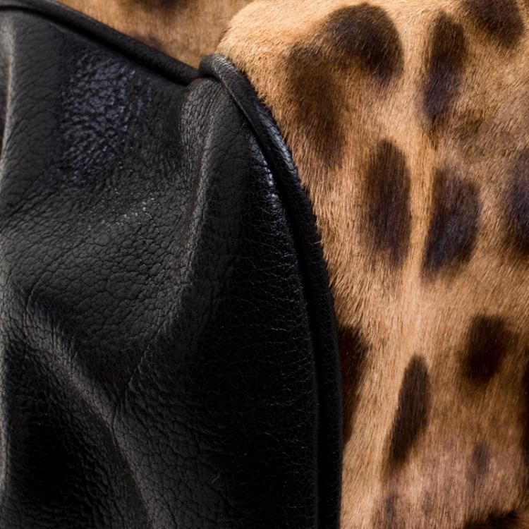 Pre Owned Dolce and Gabbana Black Leopard Print Calf Hair and Crochet Miss Sicily Tote