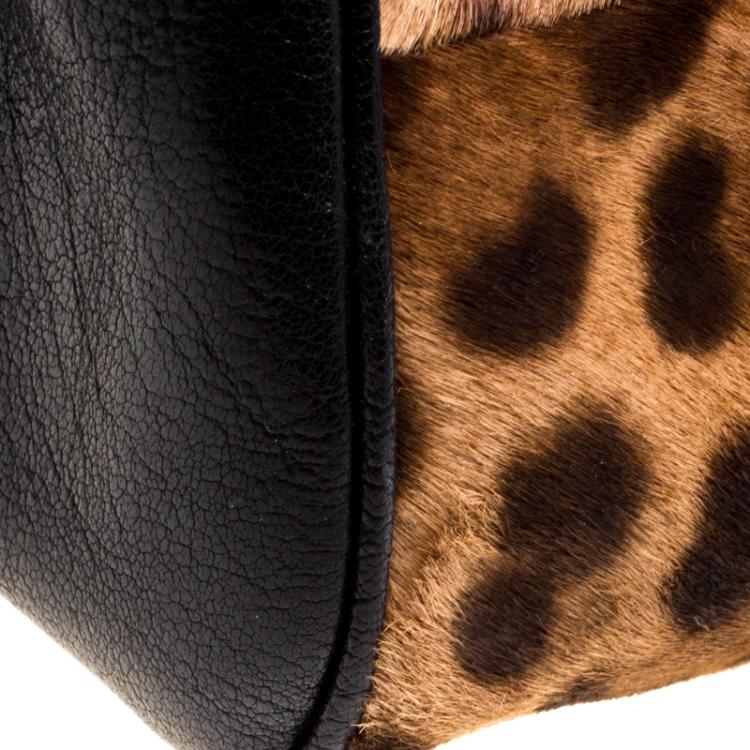 Pre Owned Dolce and Gabbana Black Leopard Print Calf Hair and Crochet Miss Sicily Tote