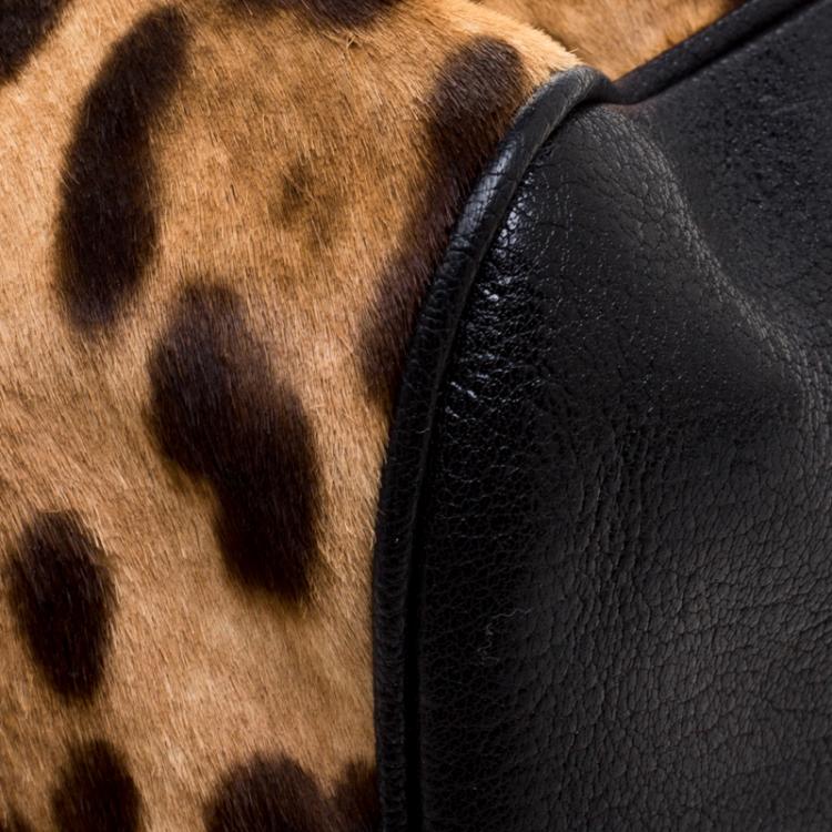 Pre Owned Dolce and Gabbana Black Leopard Print Calf Hair and Crochet Miss Sicily Tote
