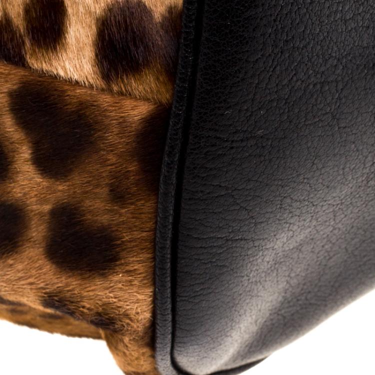 Pre Owned Dolce and Gabbana Black Leopard Print Calf Hair and Crochet Miss Sicily Tote