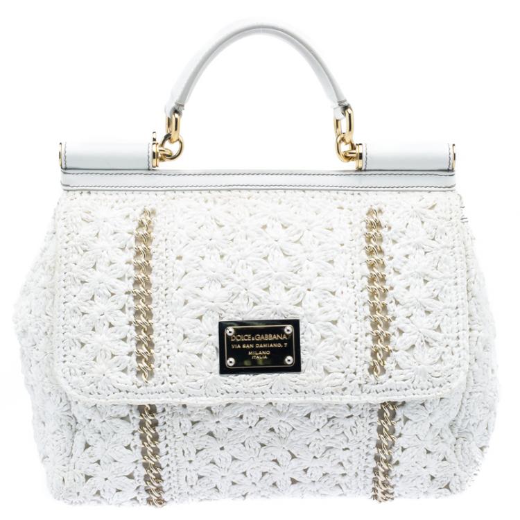 Pre Owned Dolce and Gabbana White Straw Crochet Large Miss Sicily Tote