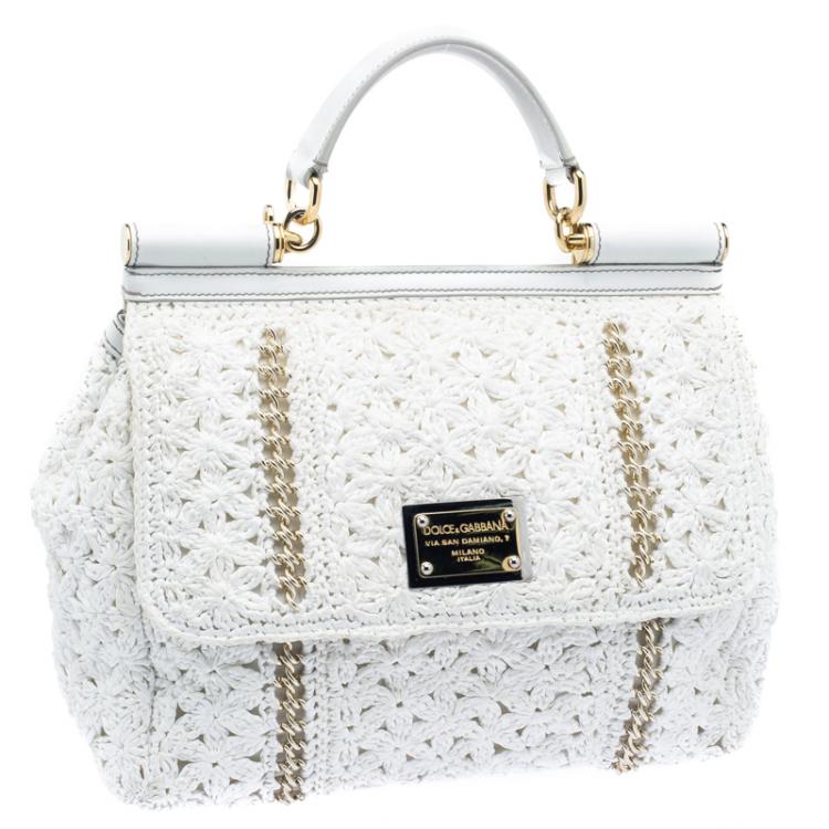 Pre Owned Dolce and Gabbana White Straw Crochet Large Miss Sicily Tote