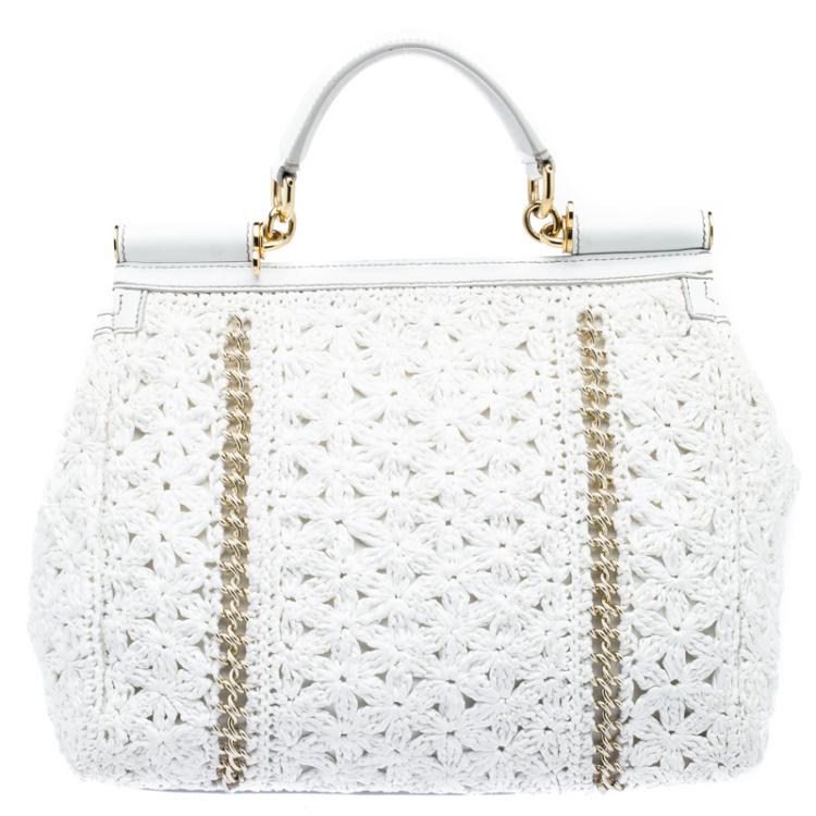 Pre Owned Dolce and Gabbana White Straw Crochet Large Miss Sicily Tote