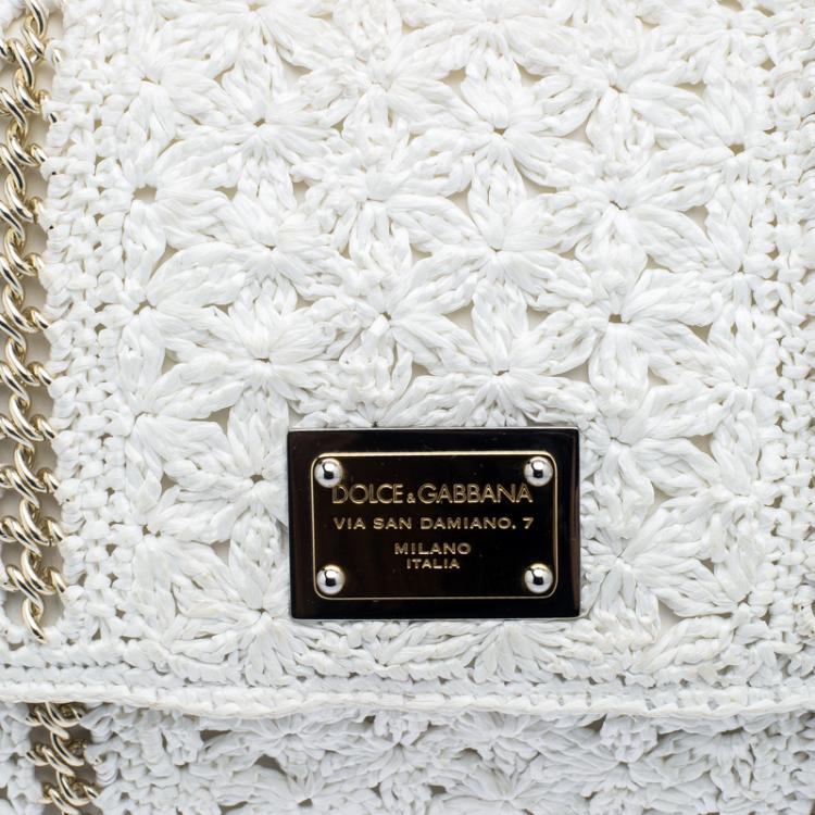 Pre Owned Dolce and Gabbana White Straw Crochet Large Miss Sicily Tote