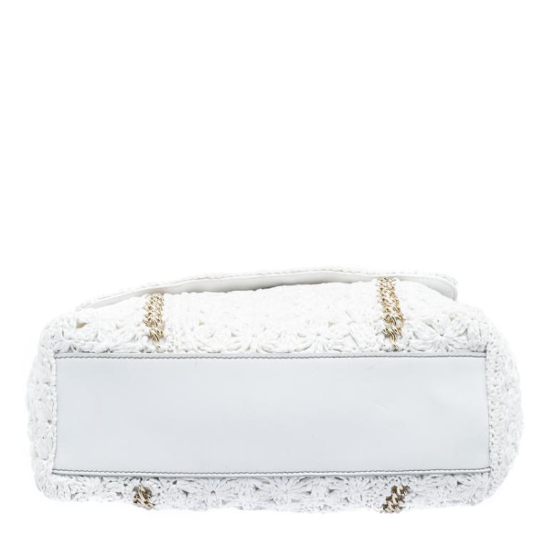 Pre Owned Dolce and Gabbana White Straw Crochet Large Miss Sicily Tote