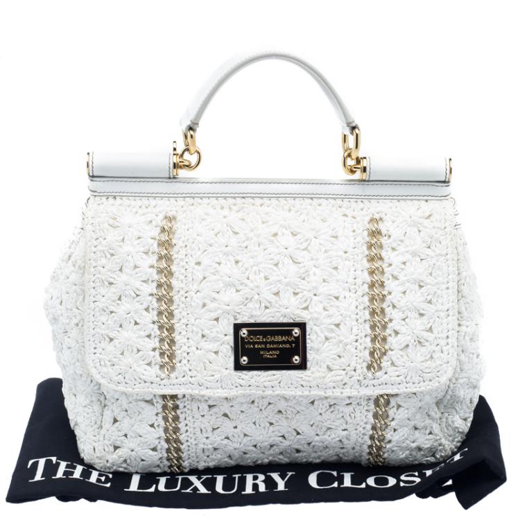 Pre Owned Dolce and Gabbana White Straw Crochet Large Miss Sicily Tote