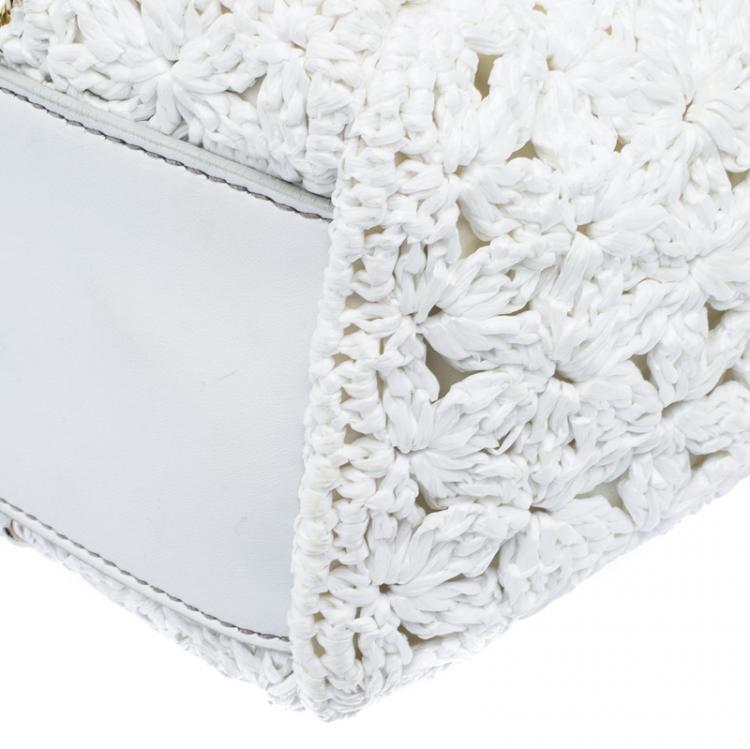 Pre Owned Dolce and Gabbana White Straw Crochet Large Miss Sicily Tote