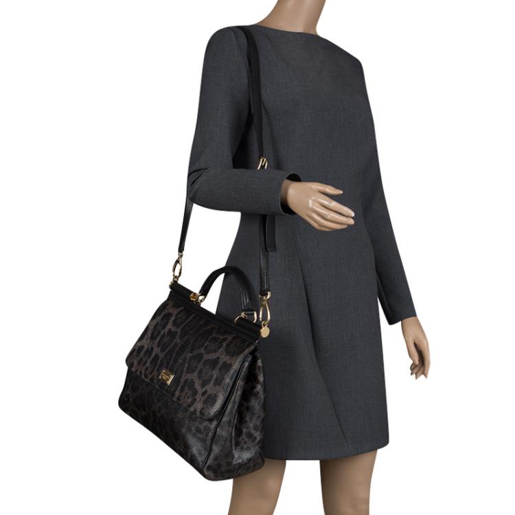 Pre Owned Dolce and Gabbana Black Leopard Print Leather Large Miss Sicily Tote