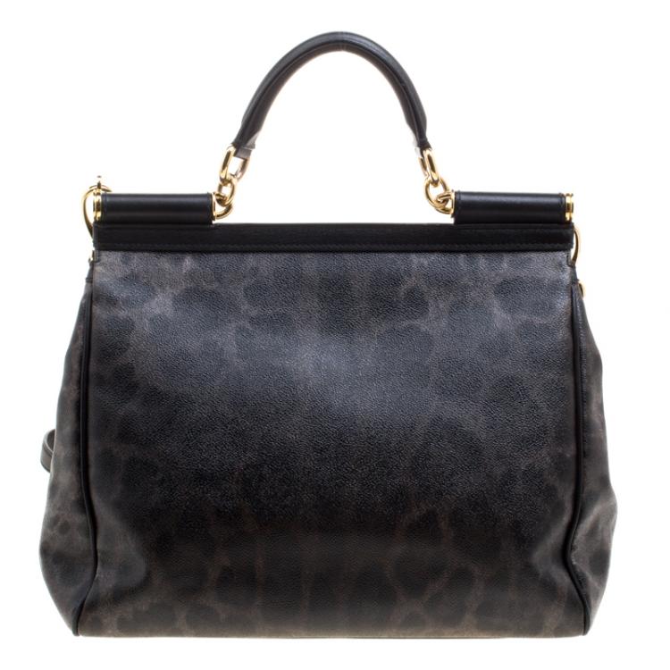 Pre Owned Dolce and Gabbana Black Leopard Print Leather Large Miss Sicily Tote