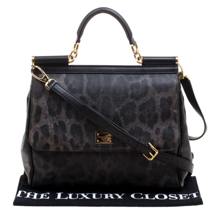 Pre Owned Dolce and Gabbana Black Leopard Print Leather Large Miss Sicily Tote