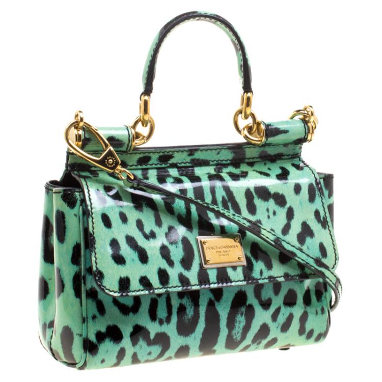 Pre Owned Dolce and Gabbana Green Leopard Print Patent Leather Small Miss Sicily Tote with Wallet