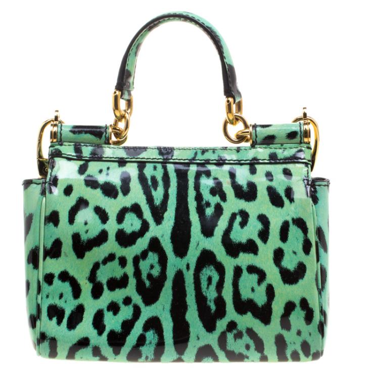 Pre Owned Dolce and Gabbana Green Leopard Print Patent Leather Small Miss Sicily Tote with Wallet
