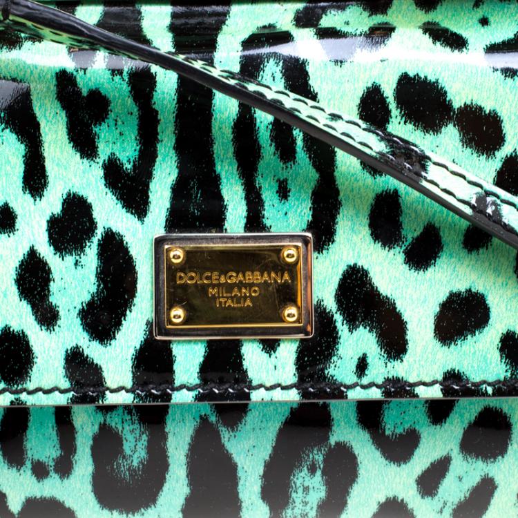 Pre Owned Dolce and Gabbana Green Leopard Print Patent Leather Small Miss Sicily Tote with Wallet