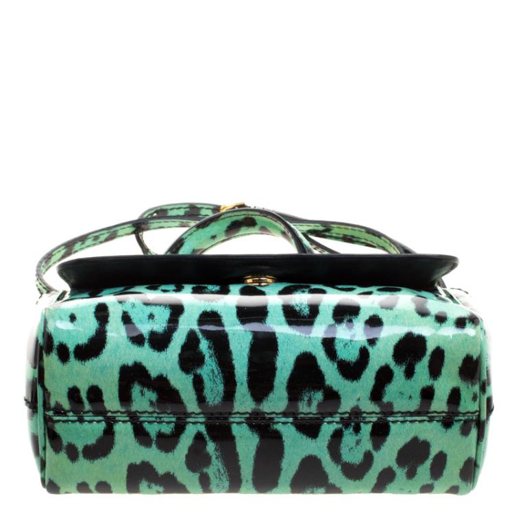 Pre Owned Dolce and Gabbana Green Leopard Print Patent Leather Small Miss Sicily Tote with Wallet