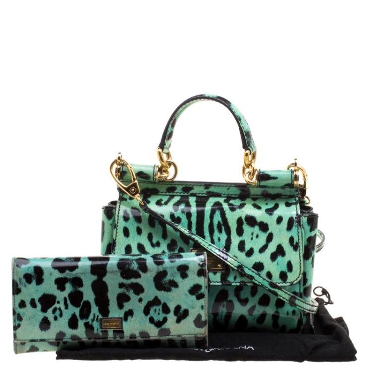 Pre Owned Dolce and Gabbana Green Leopard Print Patent Leather Small Miss Sicily Tote with Wallet