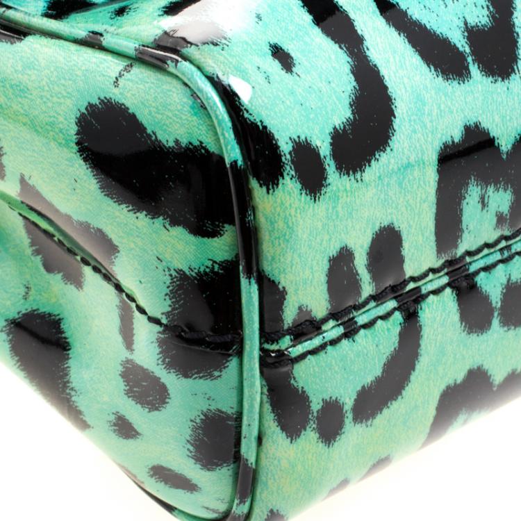 Pre Owned Dolce and Gabbana Green Leopard Print Patent Leather Small Miss Sicily Tote with Wallet