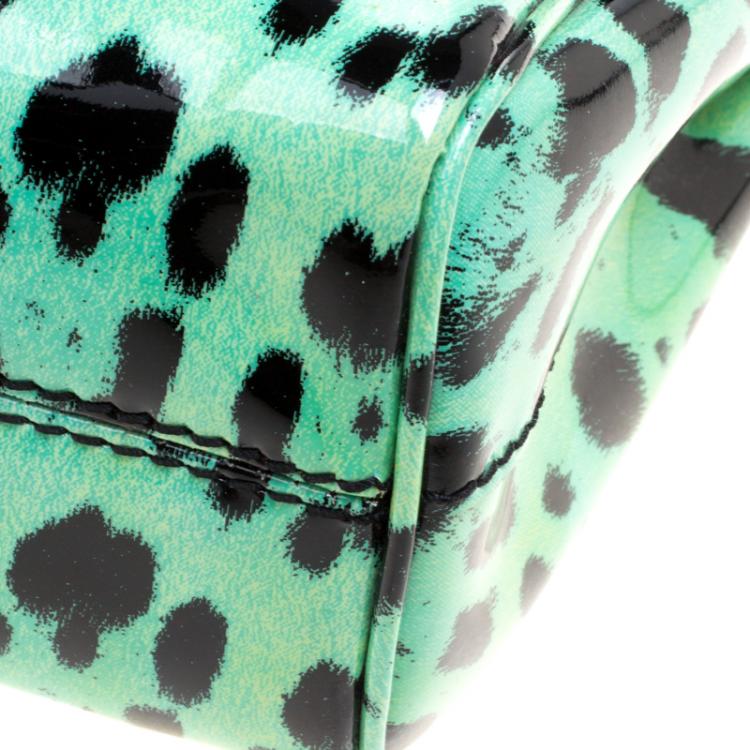 Pre Owned Dolce and Gabbana Green Leopard Print Patent Leather Small Miss Sicily Tote with Wallet